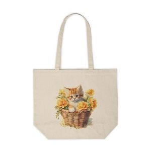 Floral Cat in a Basket Custom Canvas Tote Bag
